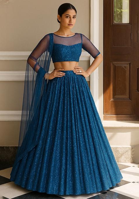 Blue Embellished Georgette Lehenga Set