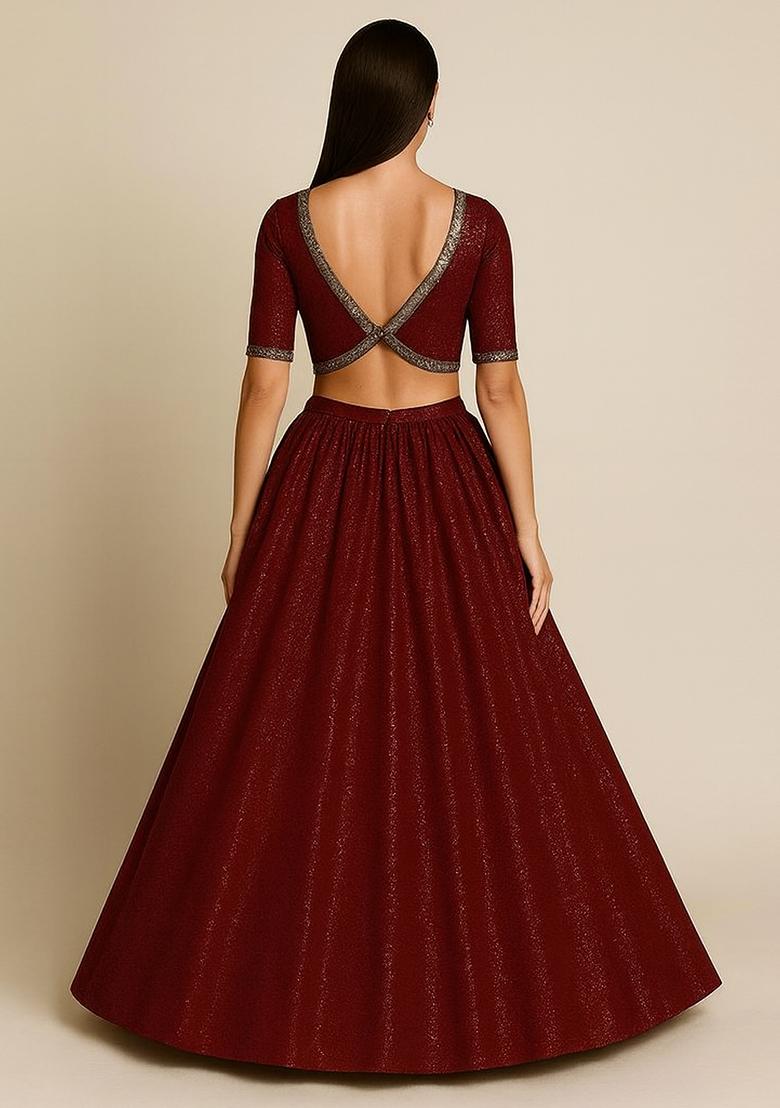 Maroon Embellished Georgette Lehenga Set - Indya