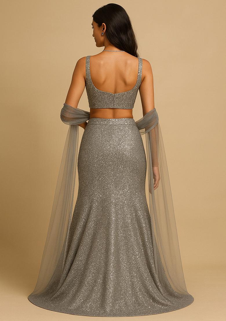 Grey Embellished Georgette Lehenga Set - Indya