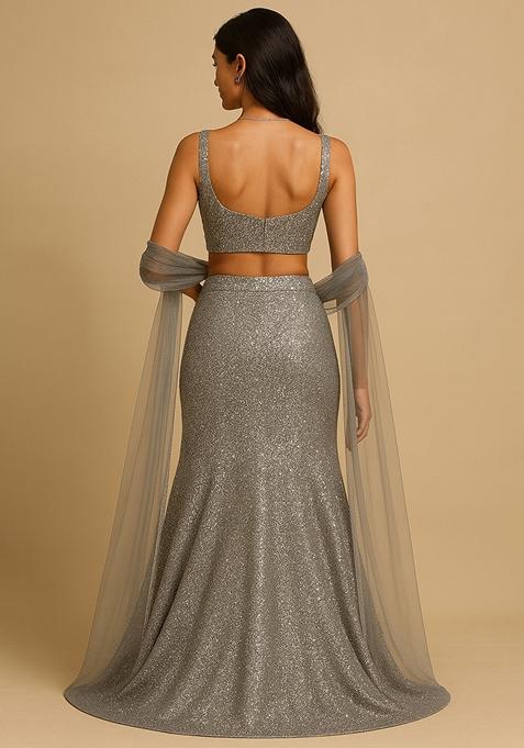 Grey Sequin Embellished Georgette Lehenga Set