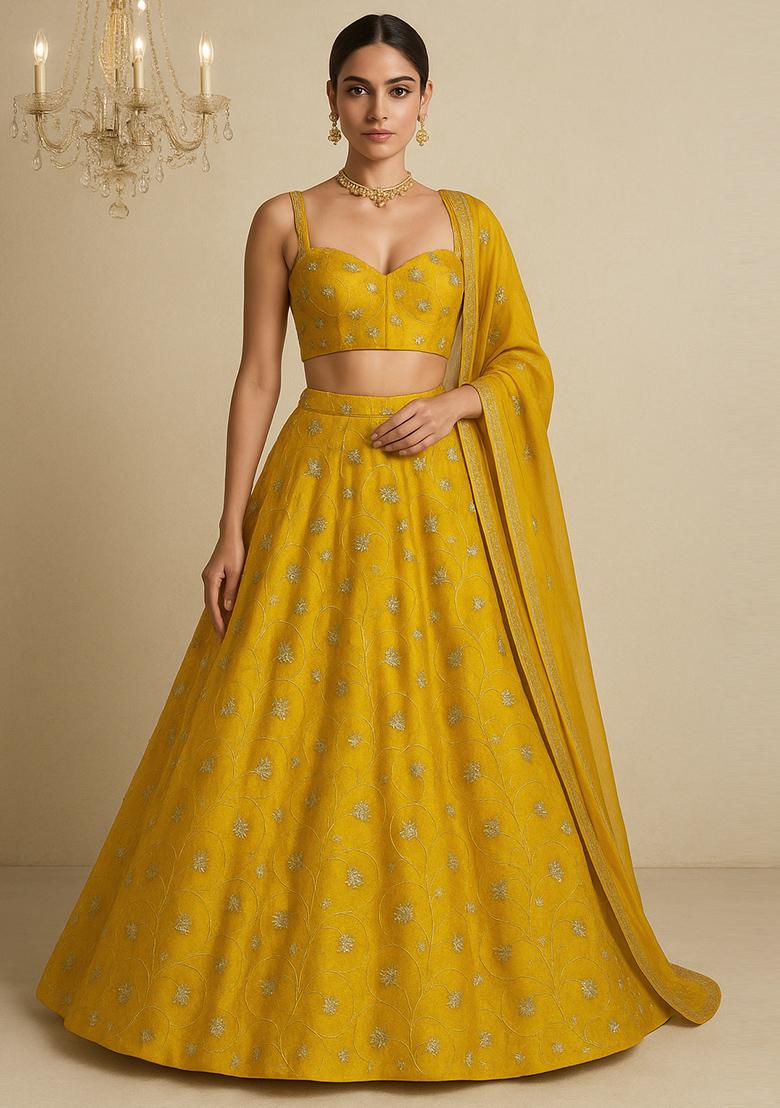 Yellow Embroidered Organza Lehenga Set With Dupatta