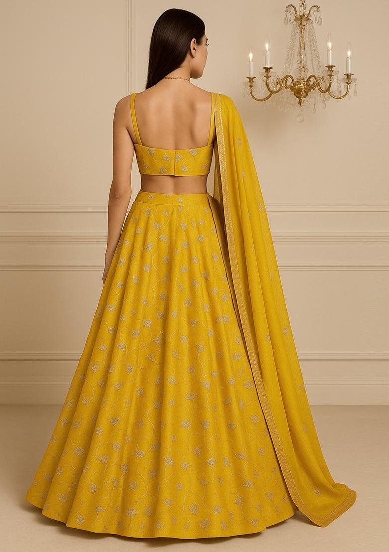 Yellow Embroidered Organza Lehenga Set With Dupatta - Indya