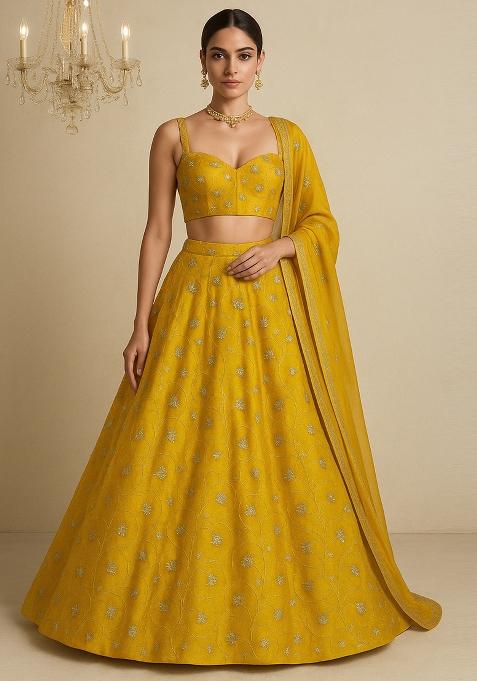 Yellow Embroidered Organza Lehenga Set With Dupatta