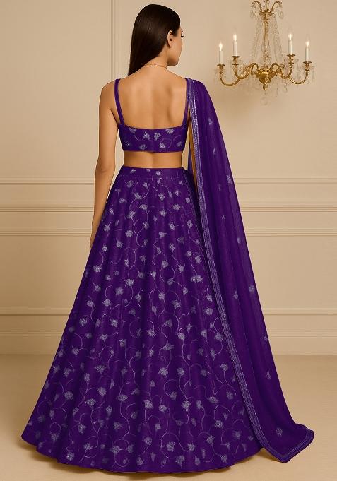 Purple Embroidered Organza Lehenga Set With Dupatta