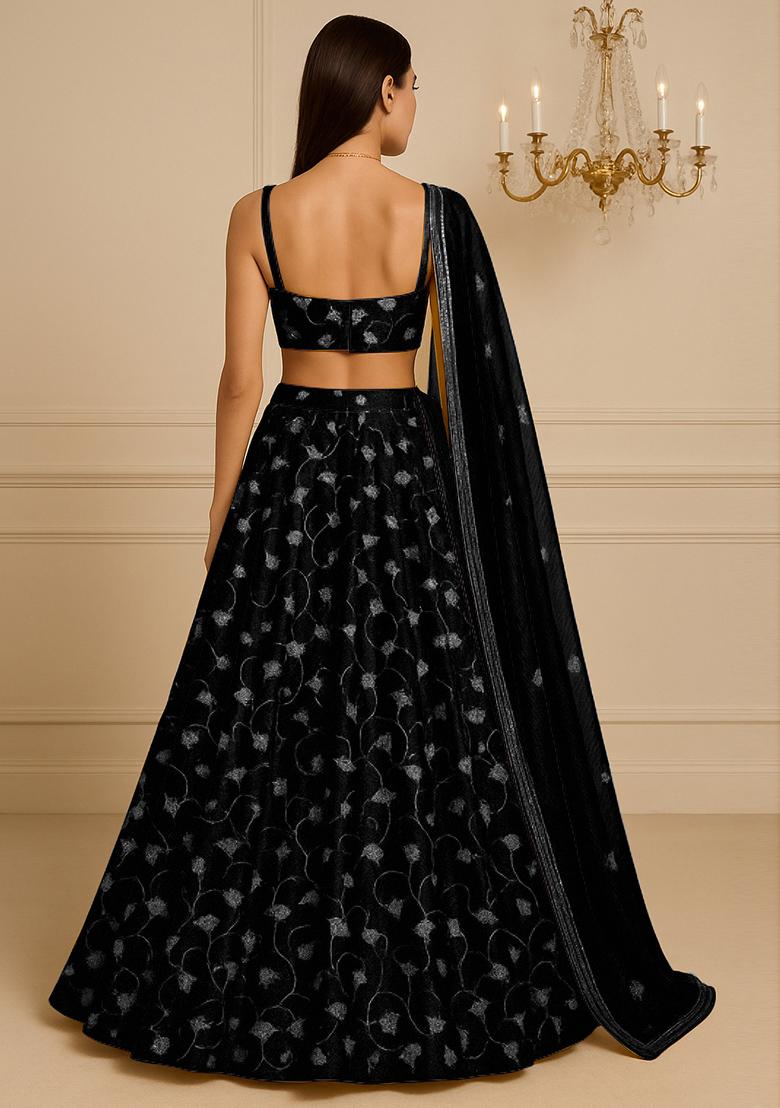 Black Embroidered Organza Lehenga Set With Dupatta - Indya
