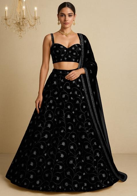 Black Embroidered Organza Lehenga Set With Dupatta