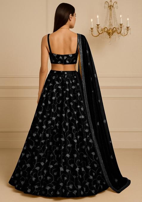 Black Embroidered Organza Lehenga Set With Dupatta
