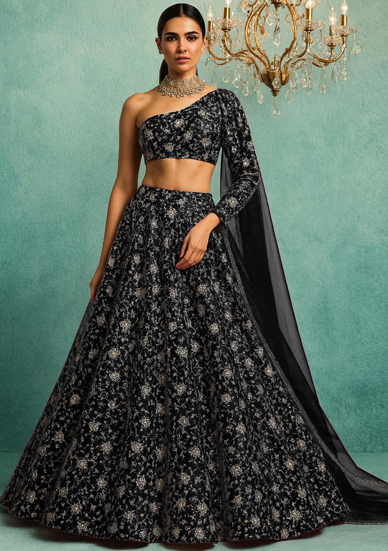 Black Embroidered Organza Lehenga Set With Dupatta