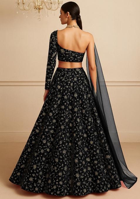 Black Embroidered Organza Lehenga Set With Dupatta