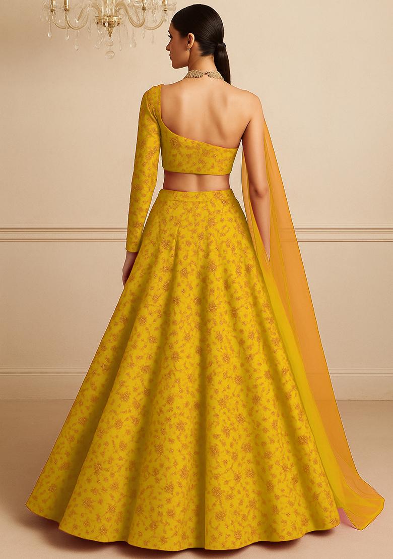 Yellow Embroidered Organza Lehenga Set With Dupatta - Indya