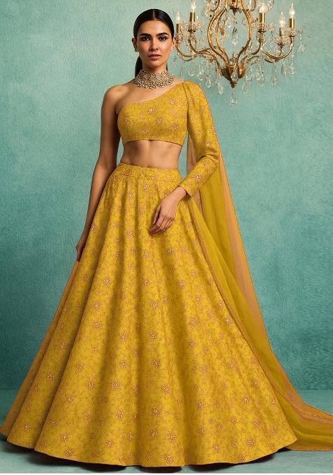Yellow Embroidered Organza Lehenga Set With Dupatta