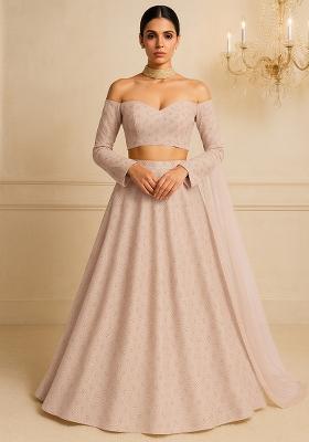 Beige Floral Printed Organza Lehenga Set With Dupatta