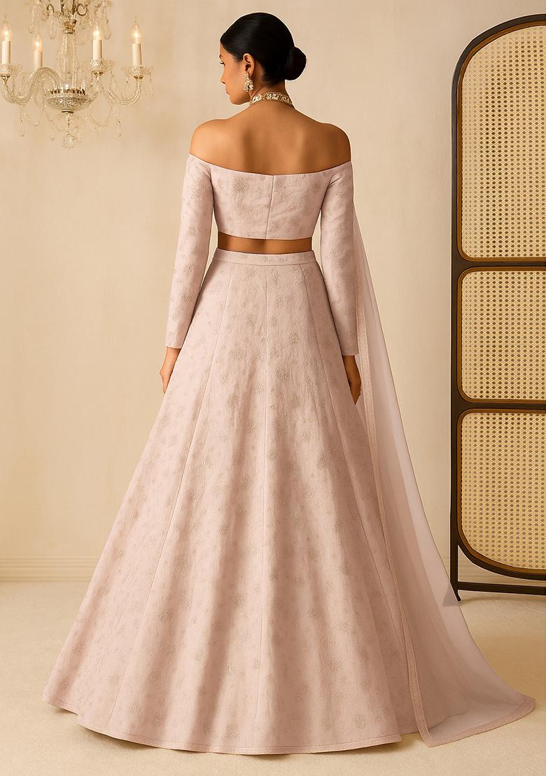 Beige Floral Printed Organza Lehenga Set With Dupatta - Indya