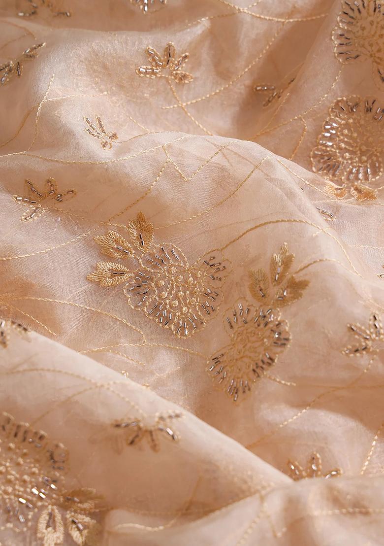 Beige Floral Printed Organza Lehenga Set With Dupatta