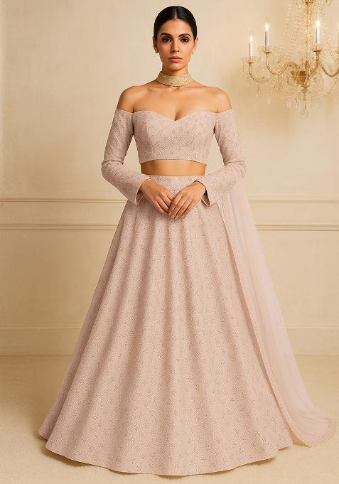 Beige Floral Printed Organza Lehenga Set With Dupatta