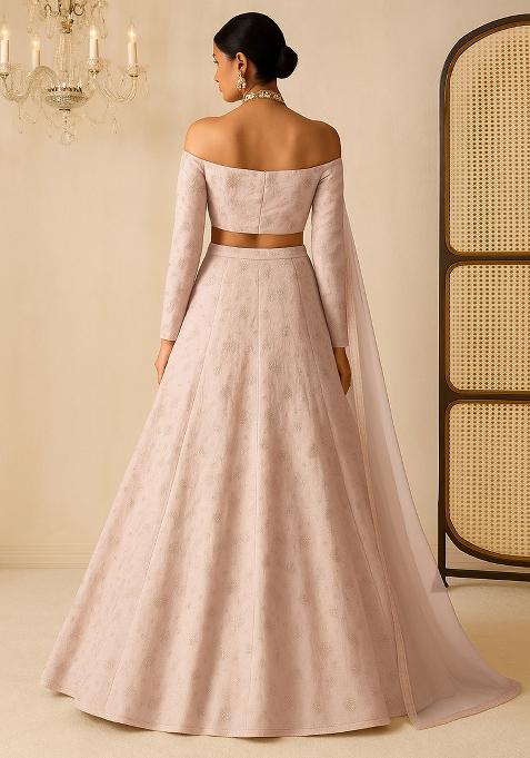 Beige Floral Printed Organza Lehenga Set With Dupatta