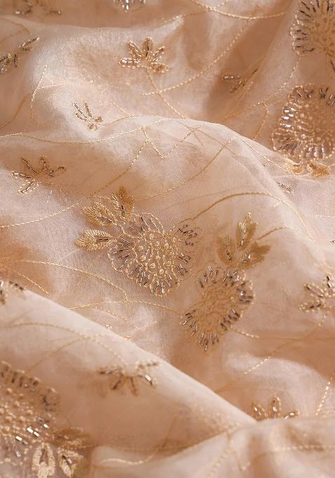 Beige Floral Printed Organza Lehenga Set With Dupatta