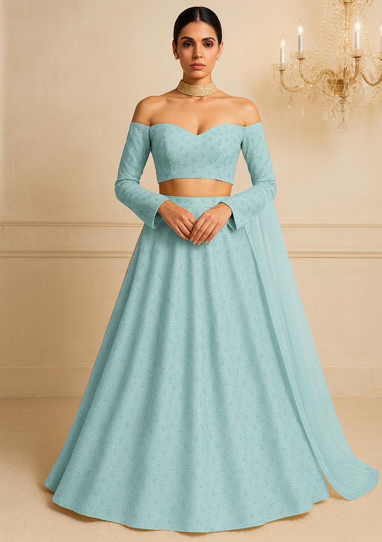 Blue Floral Printed Organza Lehenga Set With Dupatta