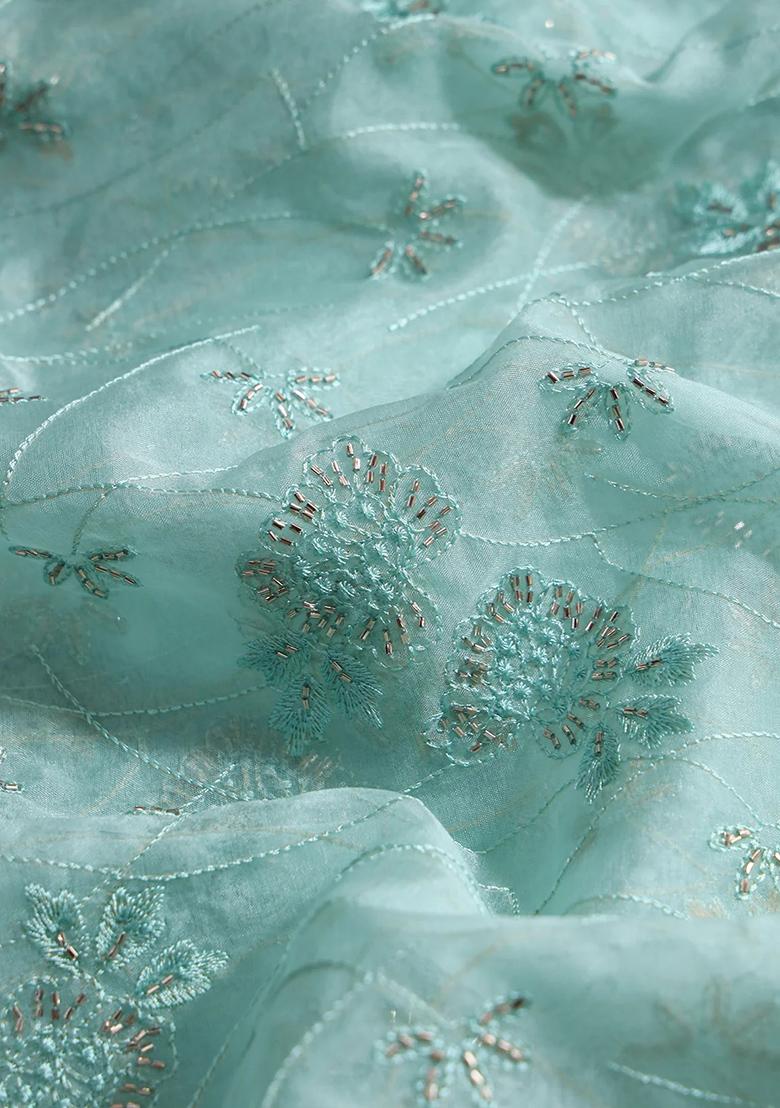 Blue Floral Printed Organza Lehenga Set With Dupatta