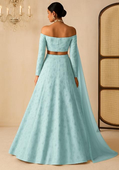 Blue Floral Printed Organza Lehenga Set With Dupatta