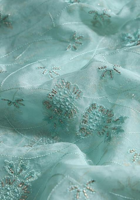 Blue Floral Printed Organza Lehenga Set With Dupatta