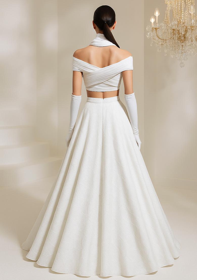 White Abstract Embroidered Organza Lehenga Set With Dupatta