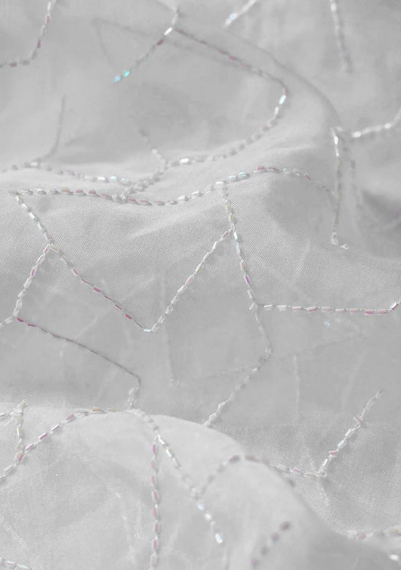 White Abstract Embroidered Organza Lehenga Set With Dupatta - Indya