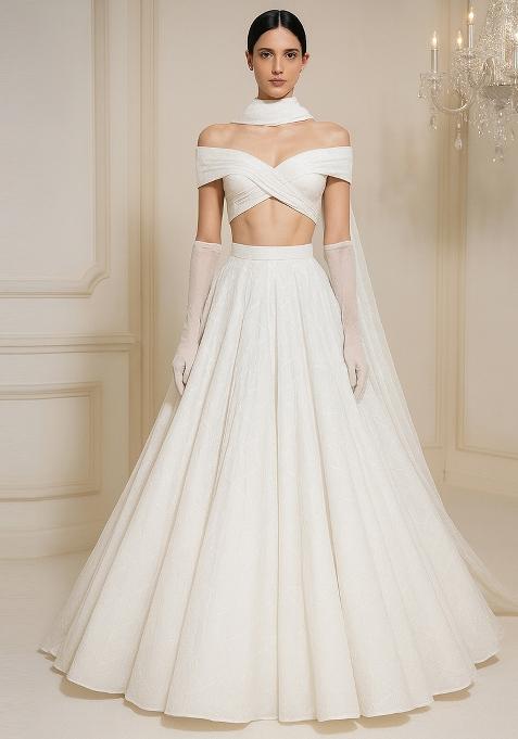 White Abstract Embroidered Organza Lehenga Set With Dupatta