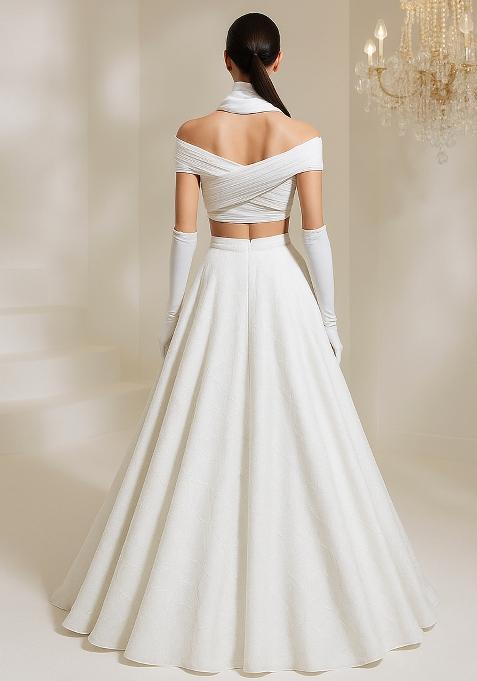 White Abstract Embroidered Organza Lehenga Set With Dupatta