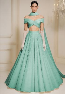 Olive Abstract Embroidered Organza Lehenga Set With Dupatta