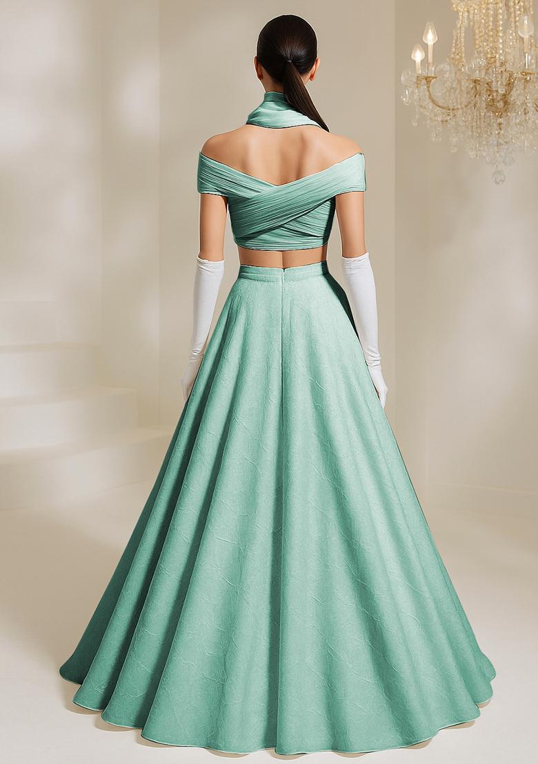 Olive Abstract Embroidered Organza Lehenga Set With Dupatta - Indya