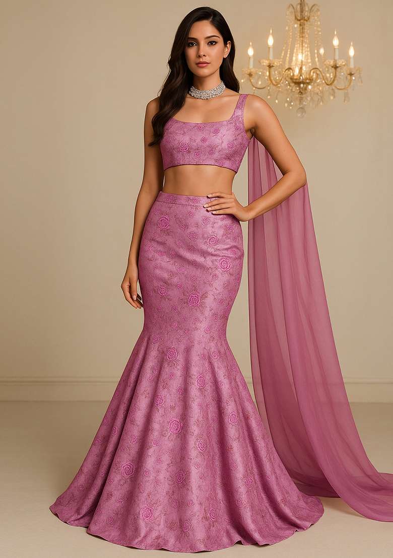 Dark Mauve Floral Print Zari Embroidered Tissue Lehenga Set With Dupatta - Indya