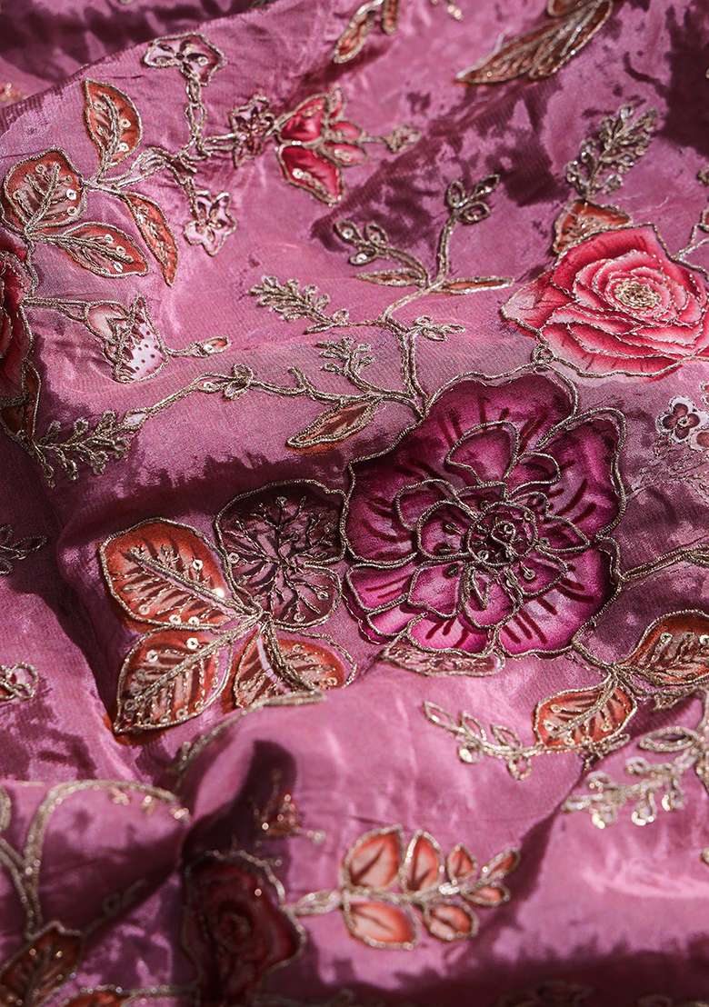 Dark Mauve Floral Print Zari Embroidered Tissue Lehenga Set With Dupatta - Indya