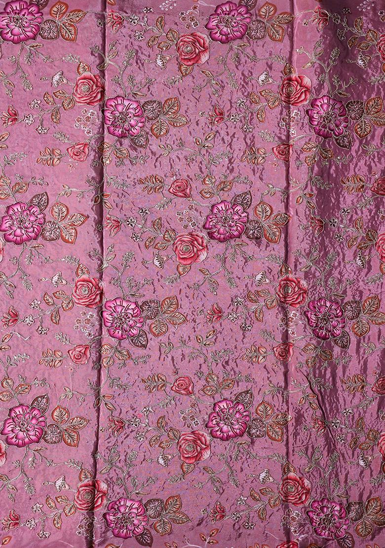 Dark Mauve Floral Print Zari Embroidered Tissue Lehenga Set With Dupatta - Indya