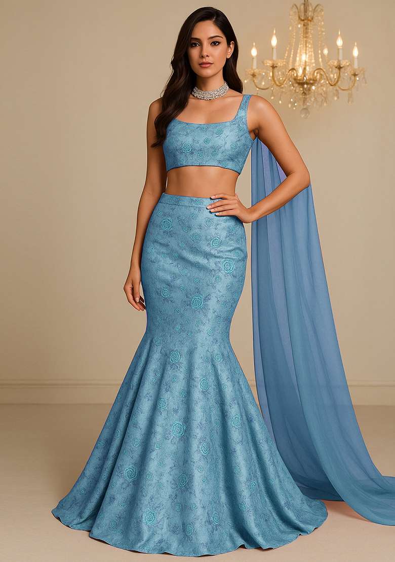 Light Blue Floral Print Zari Embroidered Viscose Zari Tissue Lehenga Set With Dupatta - Indya