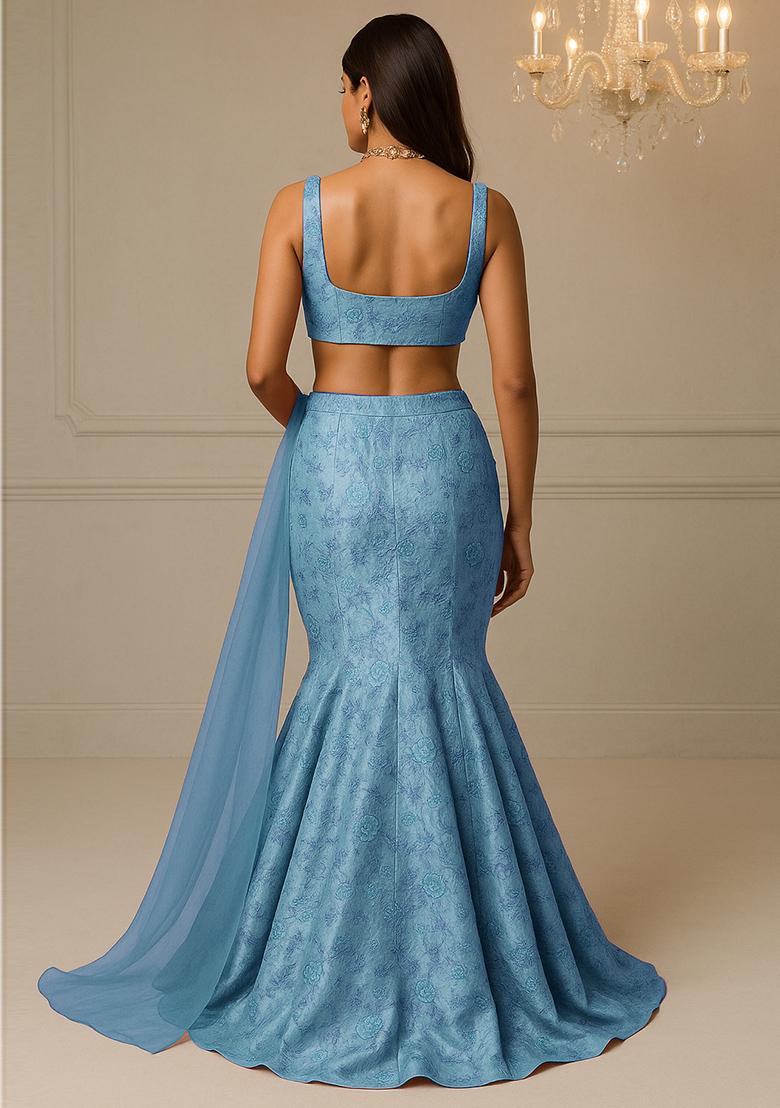 Light Blue Floral Print Zari Embroidered Viscose Zari Tissue Lehenga Set With Dupatta - Indya