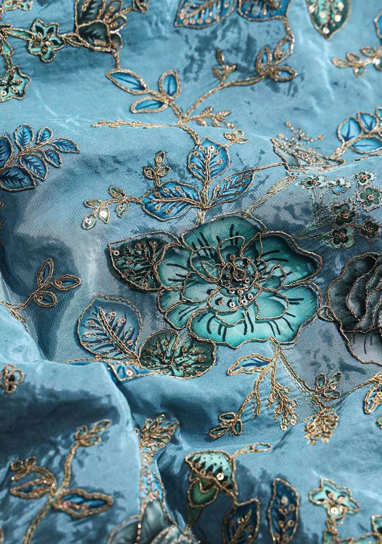 Light Blue Floral Print Zari Embroidered Viscose Zari Tissue Lehenga Set With Dupatta - Indya