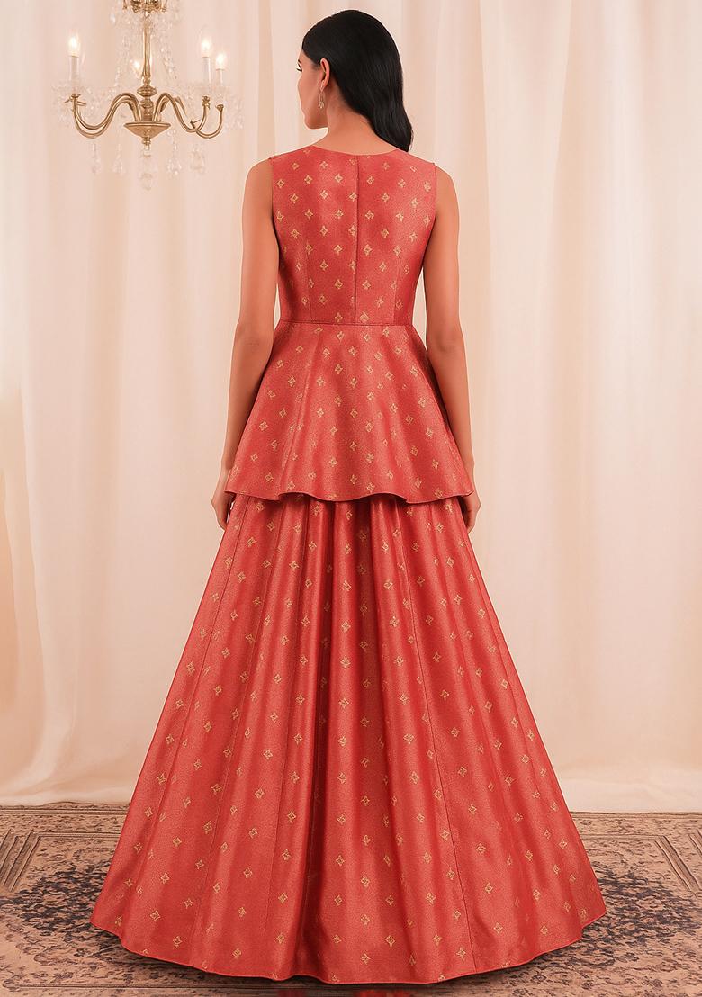 Red Embroidered Tissue Lehenga Set - Indya