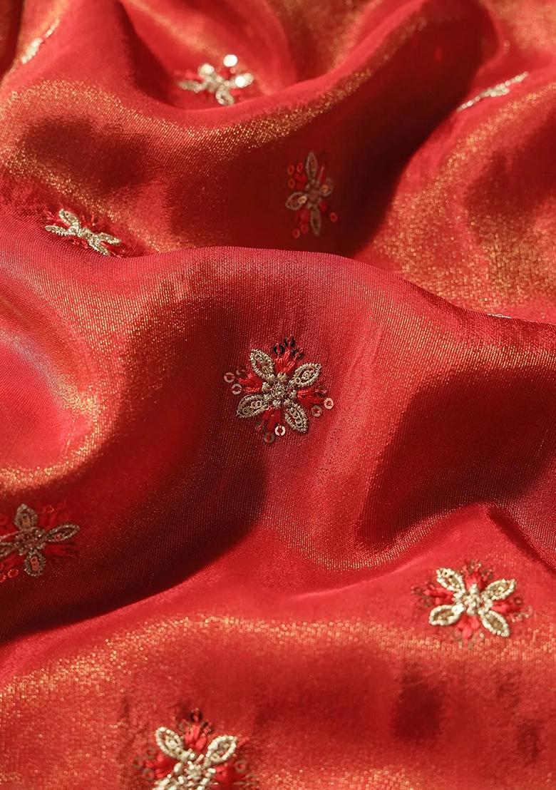 Red Embroidered Tissue Lehenga Set