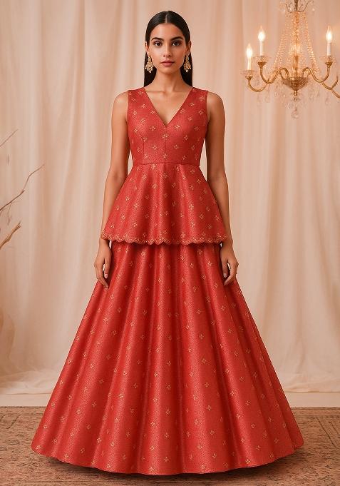 Red Embroidered Tissue Lehenga Set
