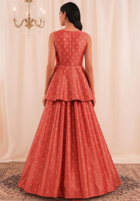 Red Embroidered Tissue Lehenga Set