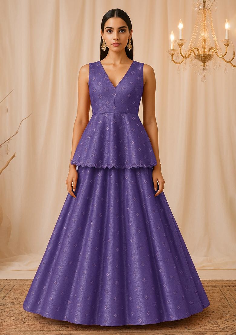 Purple Embroidered Tissue Lehenga Set - Indya