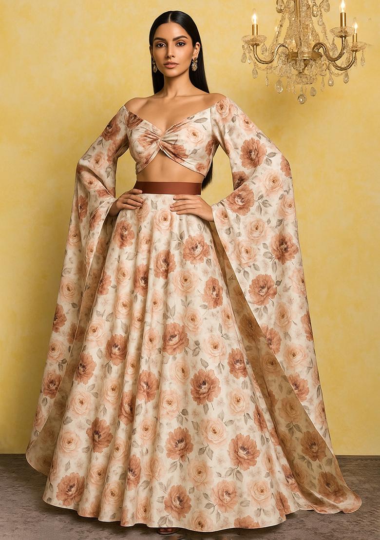 Cream Printed Satin Lehenga Set - Indya