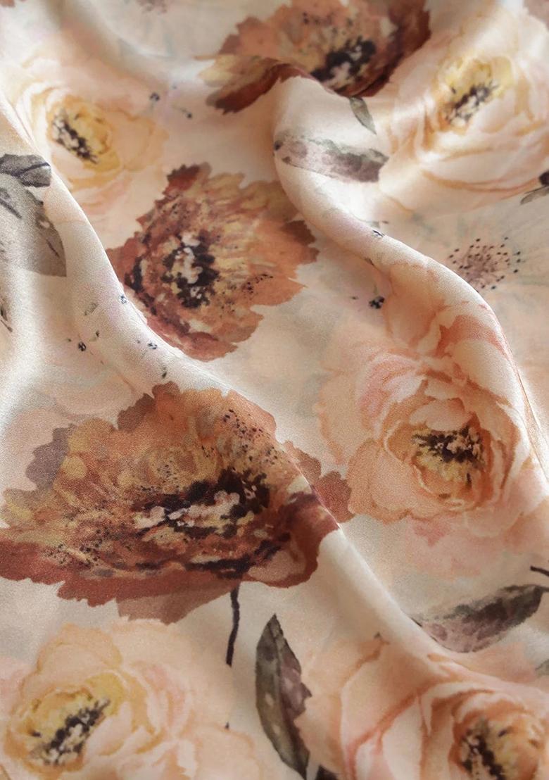 Cream Printed Satin Lehenga Set - Indya