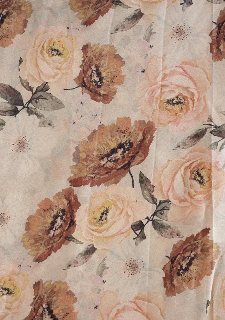 Cream Printed Satin Lehenga Set