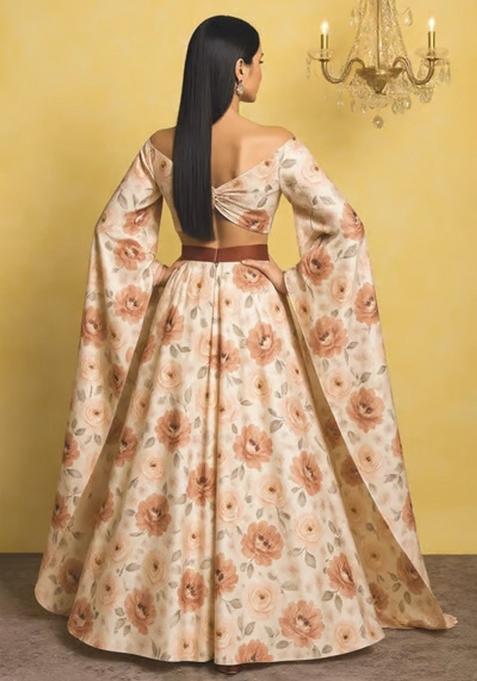 Cream Printed Satin Lehenga Set