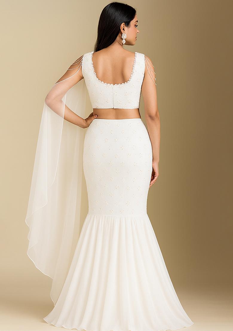 White Embroidered Chinon Lehenga Set - Indya
