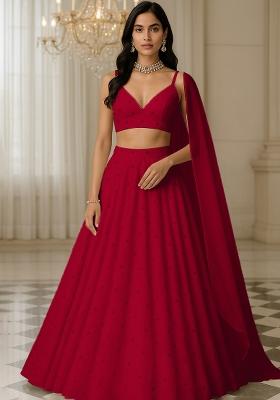 Red Embroidered Chinon Lehenga Set
