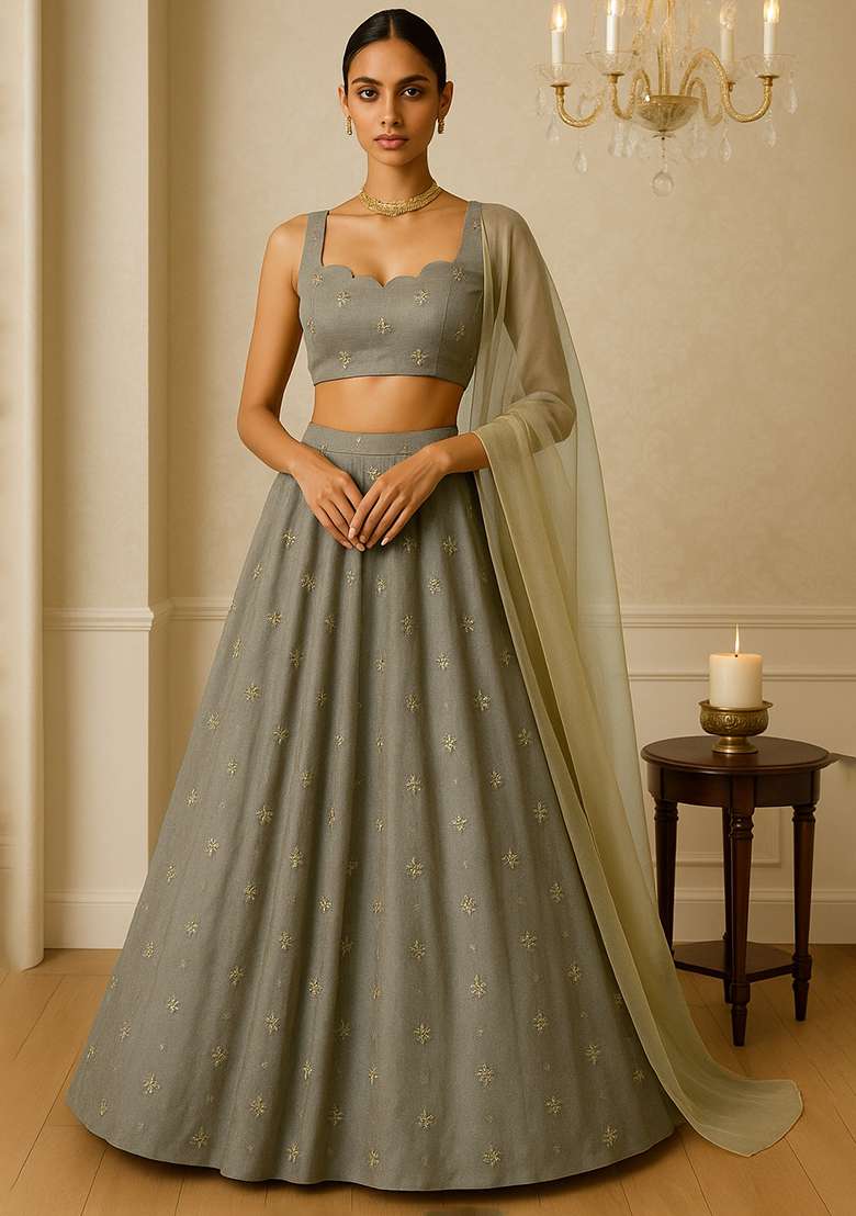 Olive Embellished Chinon Lehenga Set - Indya