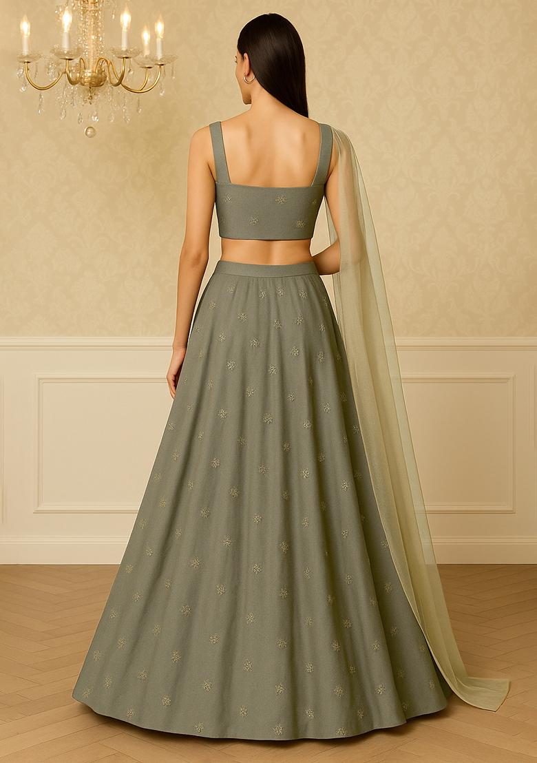 Olive Embellished Chinon Lehenga Set - Indya